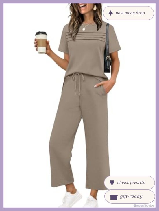 Other - Two Piece Set Short Sleeve Top Wide Leg Crop Pants Lounge Travel